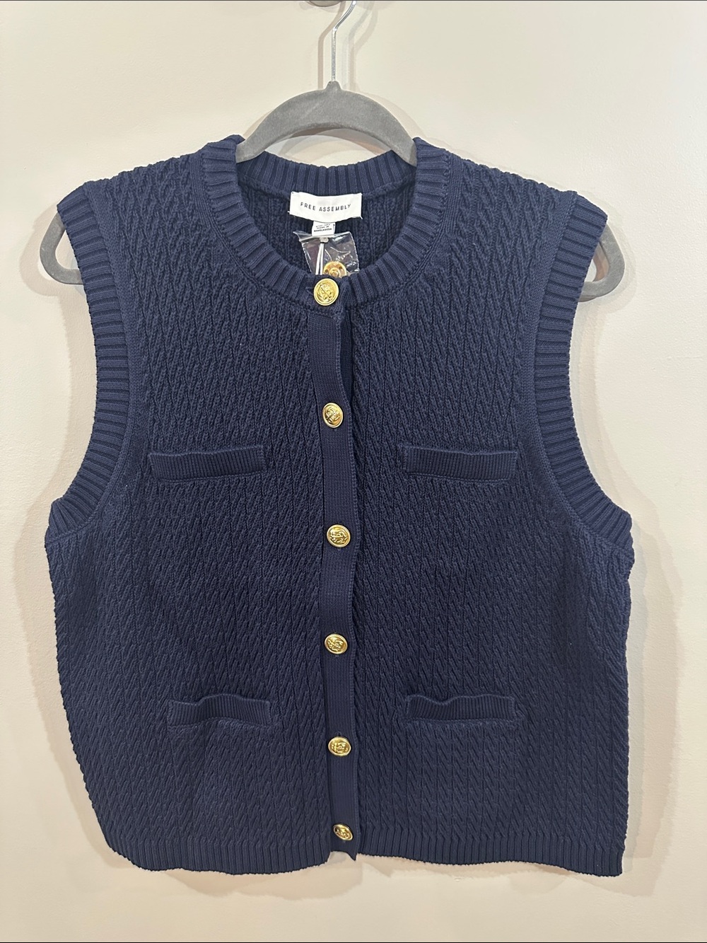 NWT Free Assembly Navy Sleeveless Knit Cardigan with Gold Buttons
